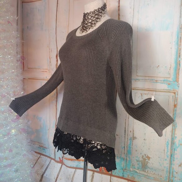 MADE for impulse long sleeve crew neck sweater dress w lace trim/size M/grey blk - Picture 2 of 9